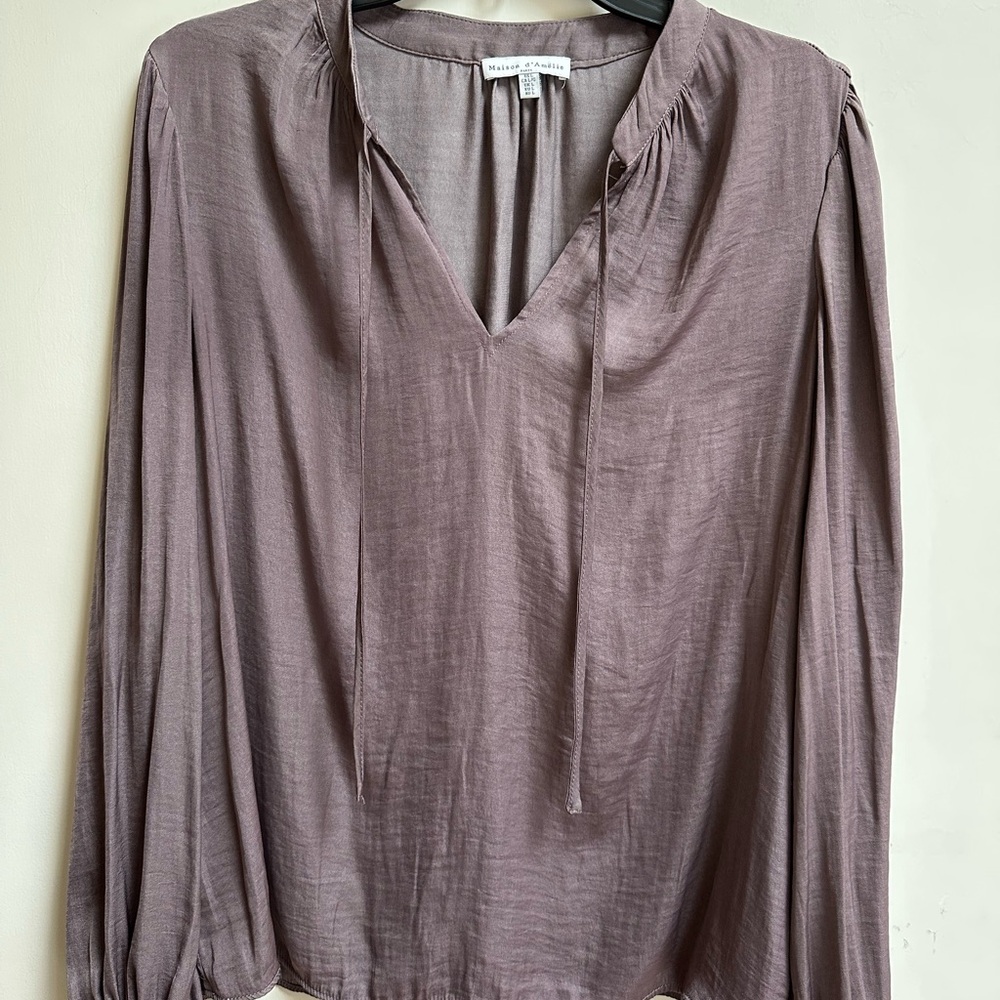 Purple Tie Front Blouse with Relaxed Fit and Mandarin Collar